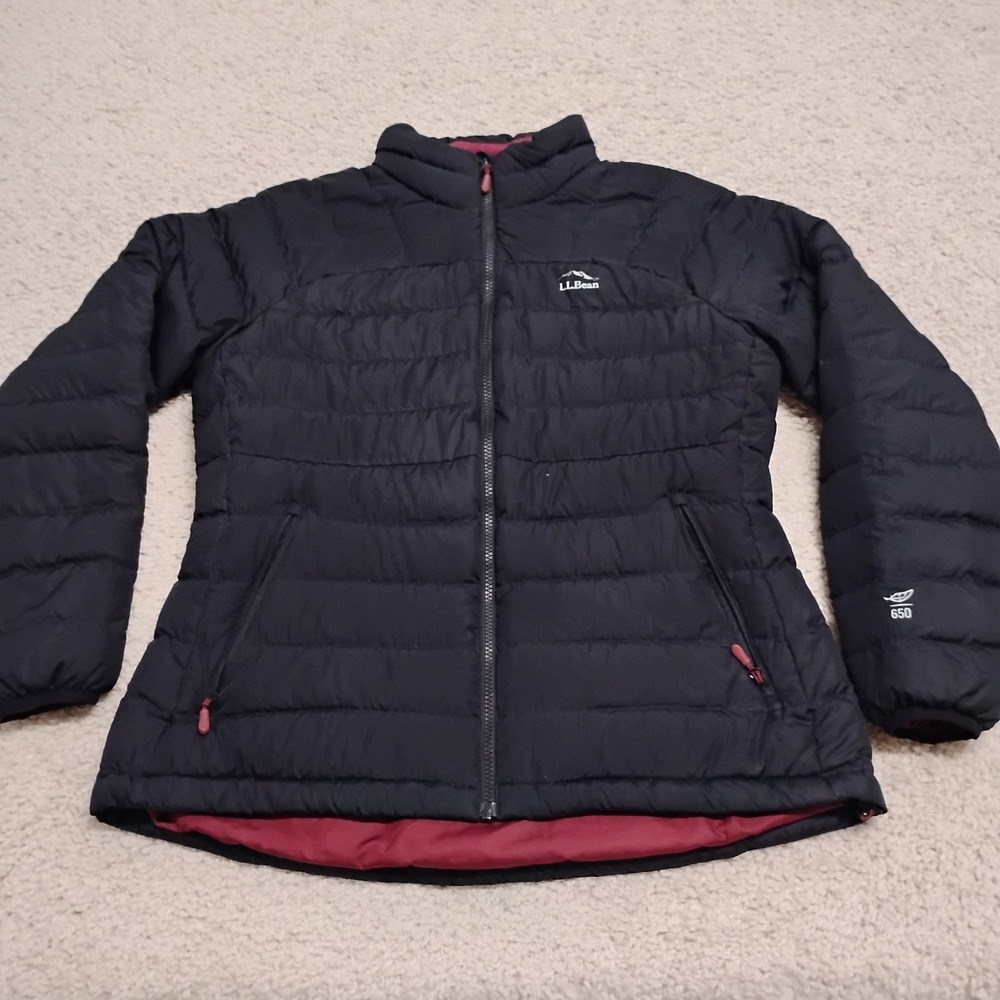 LL Bean Jacket Womens Large Black Full Zip 650 Down Puffer Hiking Travel Downtek